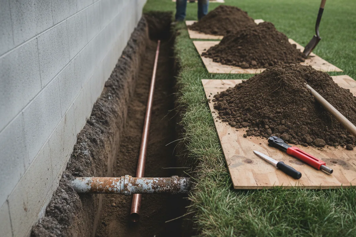 Excavated water line trench during Water Heater Repair in Jeddo